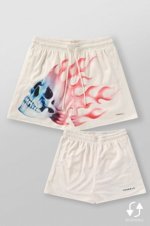 Young LA 1111 - Skulls & Roses Reversible Shorts Beige | Australia YHXGE-5176