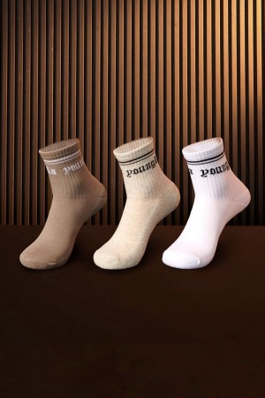 Young LA W605 - Urban Crew Sock 3 Pack White Brown Beige | Australia YJTOE-9172